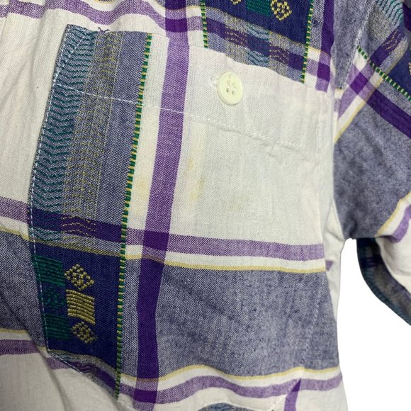 Vintage Button Up Shirt Shorts Set M Purple Plaid Embroidered Pockets Elastic - Picture 3 of 11